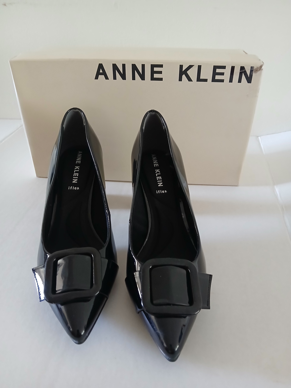 Anne Klein Black Patent Pointed Toe Flats with Decorative Buckle Size 6.5 $60